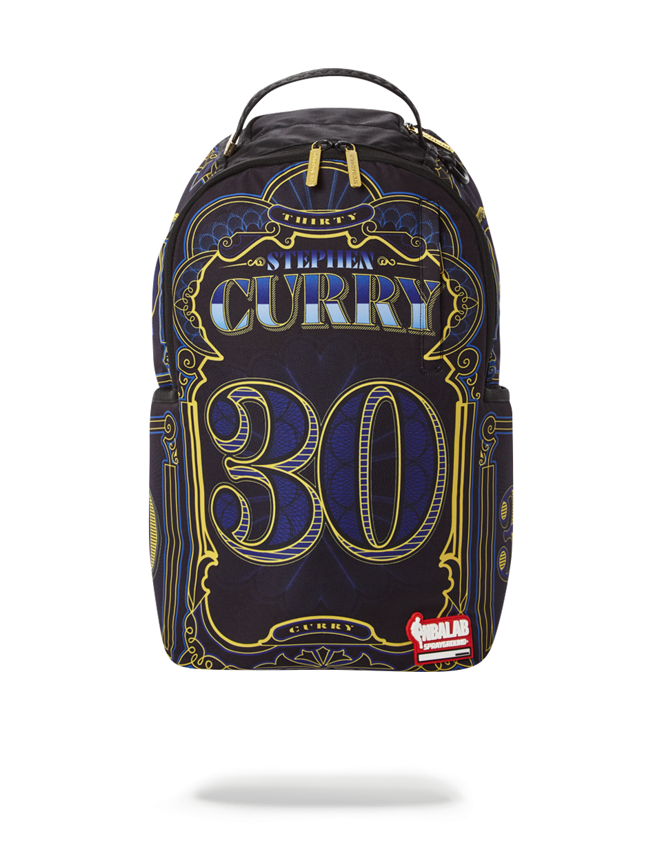 Front angle of Curry sport bag showing front zip pocket and bold NBA branding