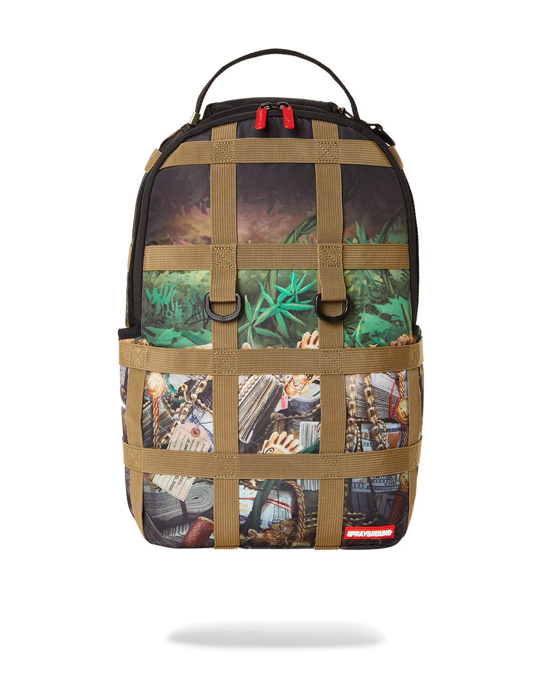 Front view of DLXV designer backpack with gold zippers and faux leather finish