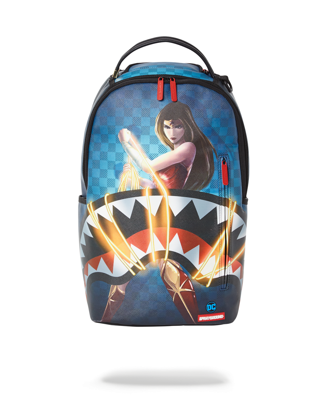 Close-up of Wonder Woman vegan leather backpack showing front zipper details