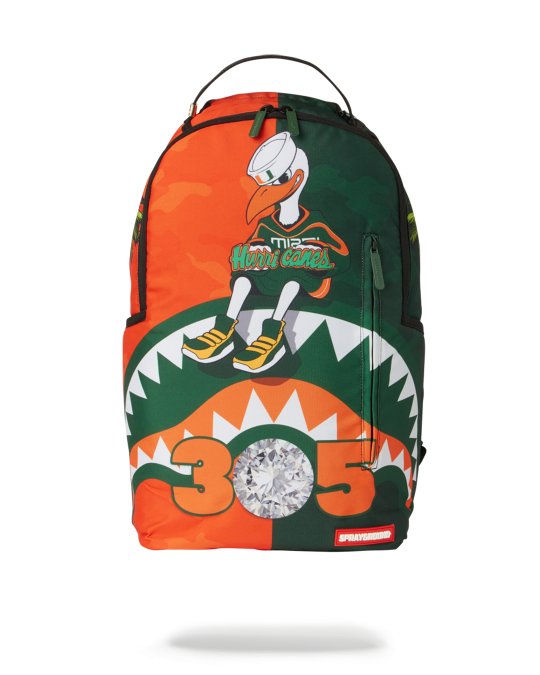 Sprayground Miami Hurricanes backpack front view with multiple pockets