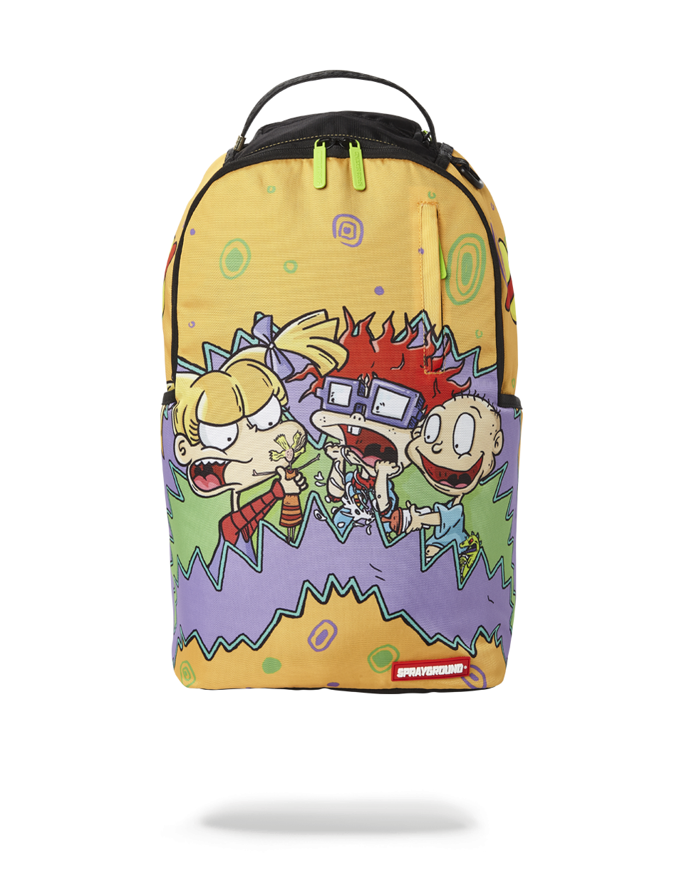 Front view of the Rugrats Playpen Backpack showcasing its playful design and red zippers