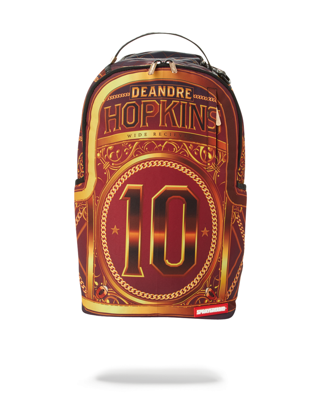 Front view of the pink Sprayground backpack featuring DeAndre Hopkins design.