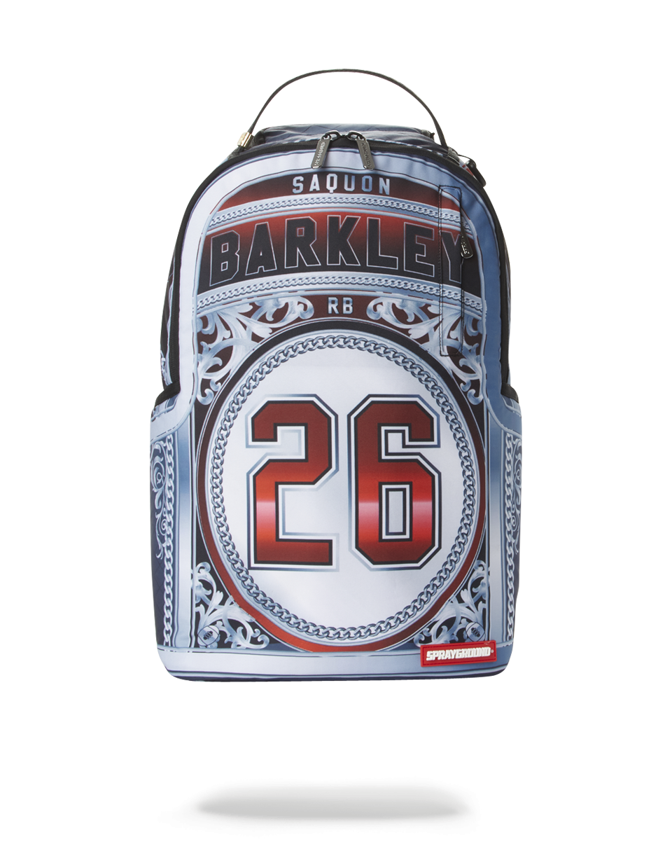 Close-up of the Sprayground NFL backpack's front pocket with metal zippers