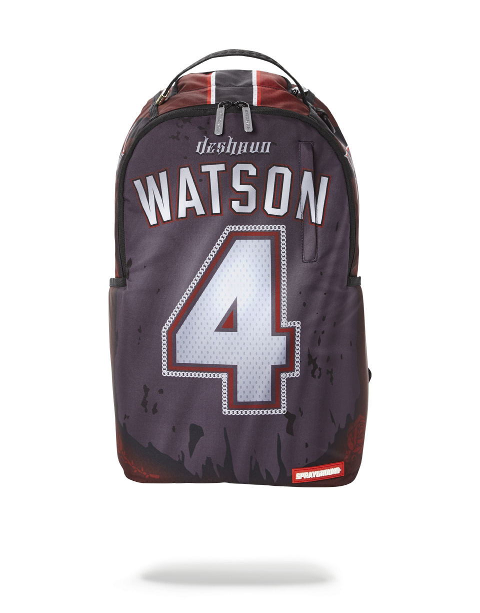 Deshaun Watson NFL Sprayground backpack in pink, front view with open zipper pocket