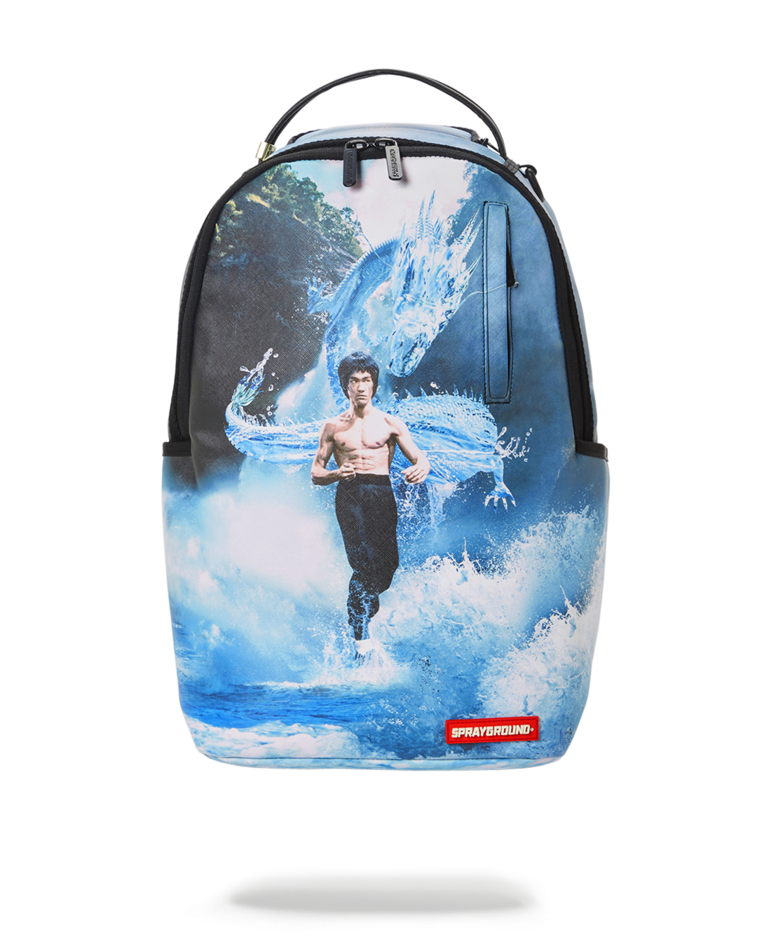 Front view of Bruce Lee vegan leather backpack with dragon embroidery