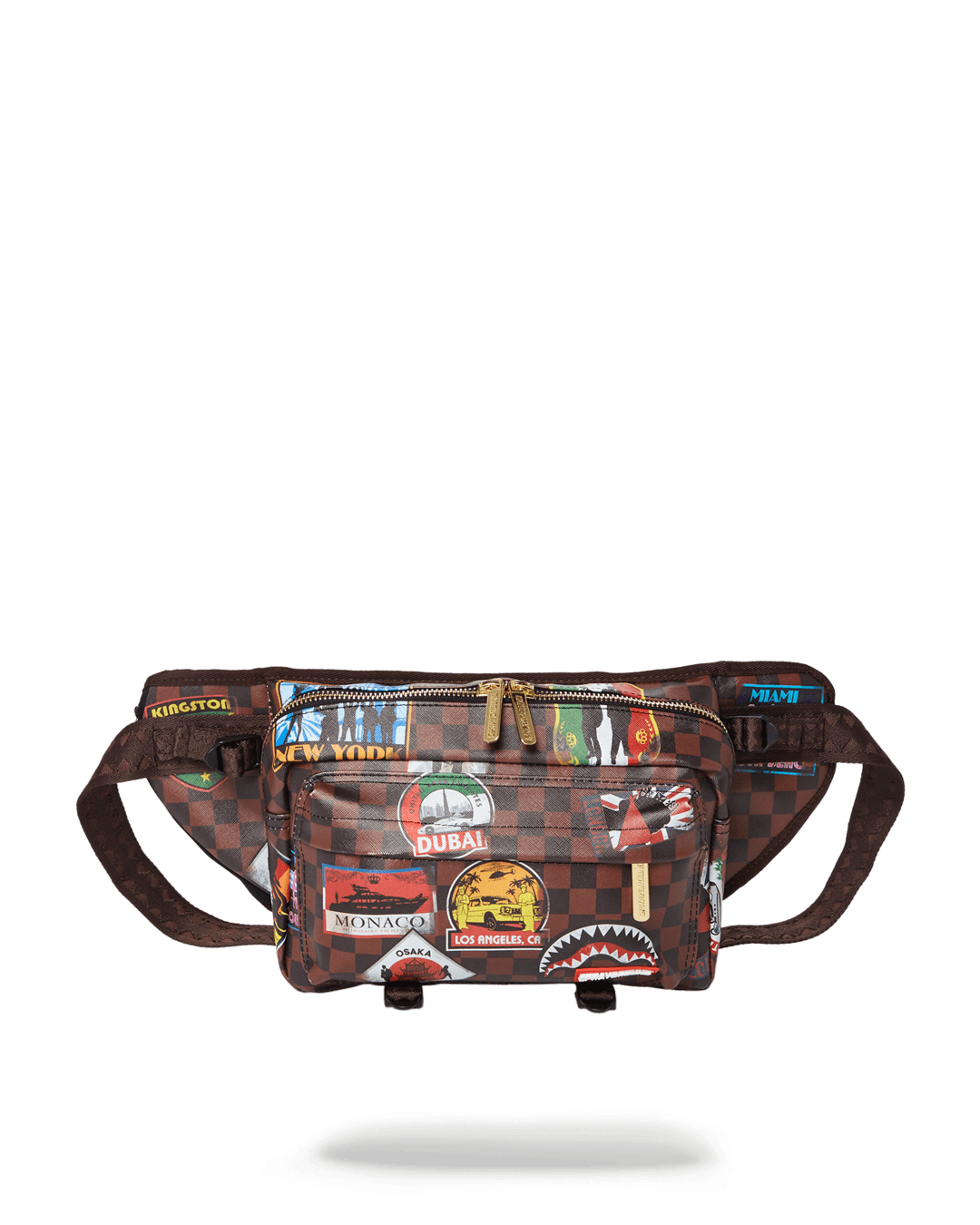 Front view of the Global Mogul leather crossbody bag with patches.