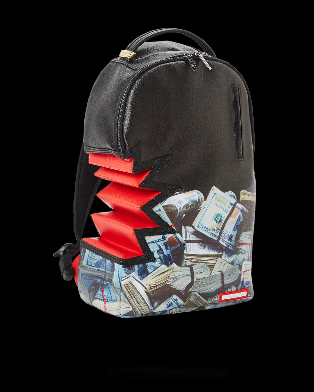 Front view of Harkbite vegan leather backpack with gold zippers