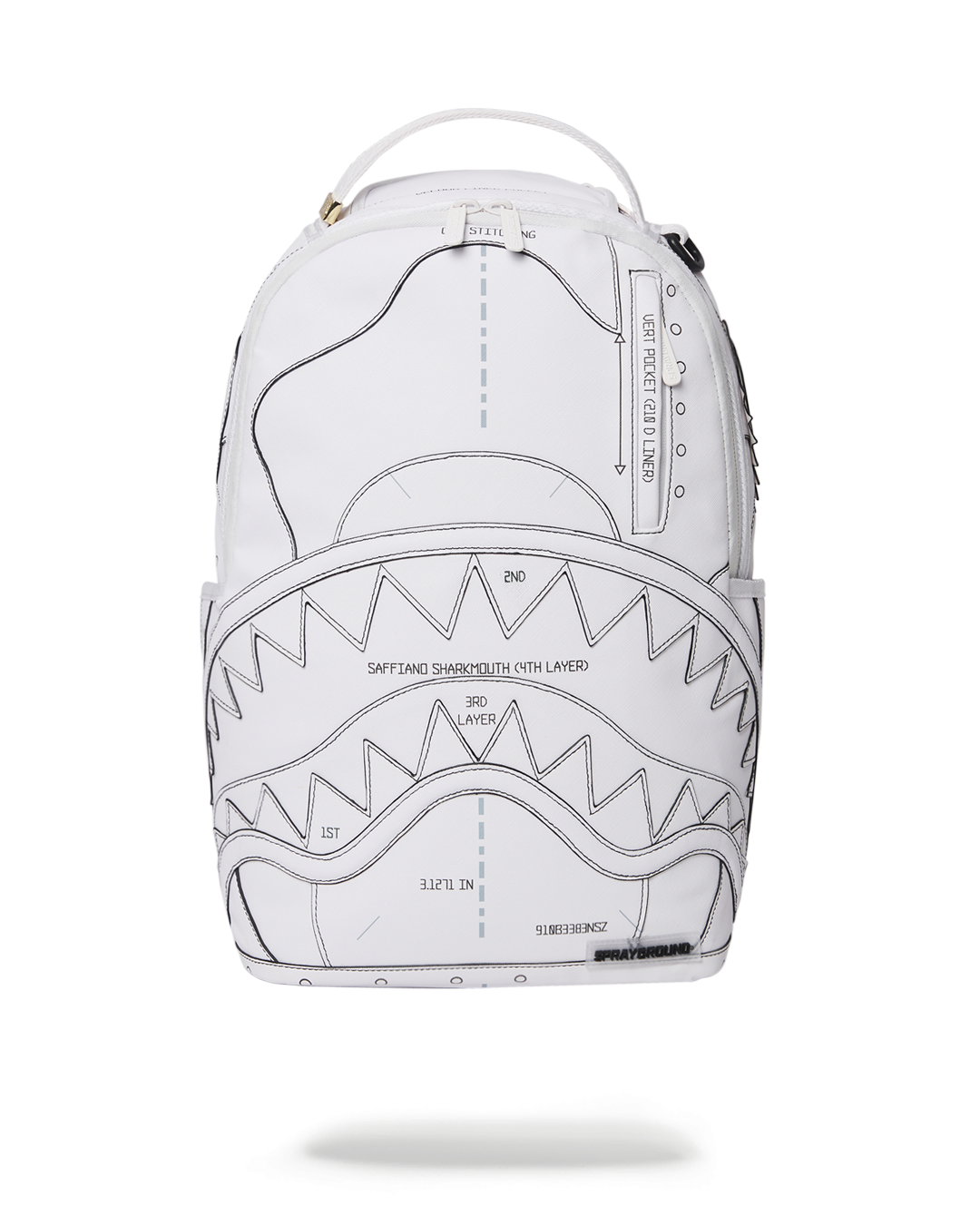 Close-up of the shark mouth detailing on the vegan leather backpack