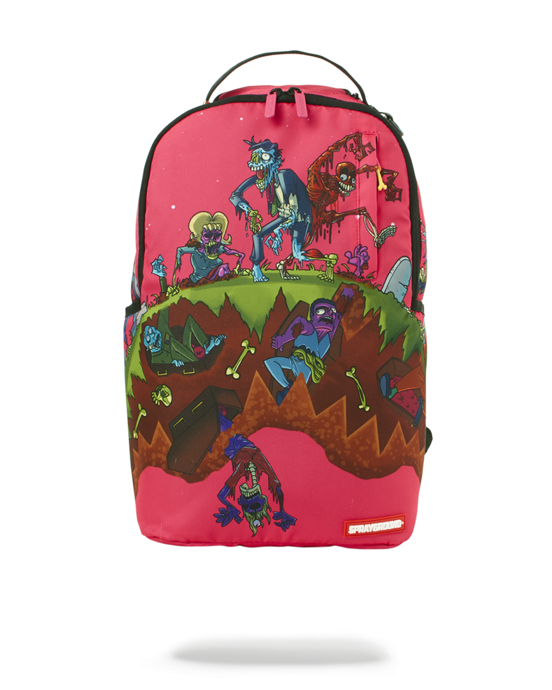 Front view of the Zombie Shark Apocalypse travel backpack showcasing its design.