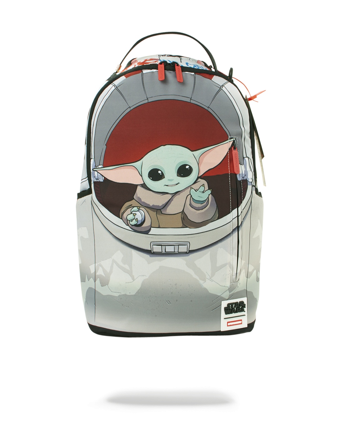 Front angle of child backpack with Grogu print and zippered pockets