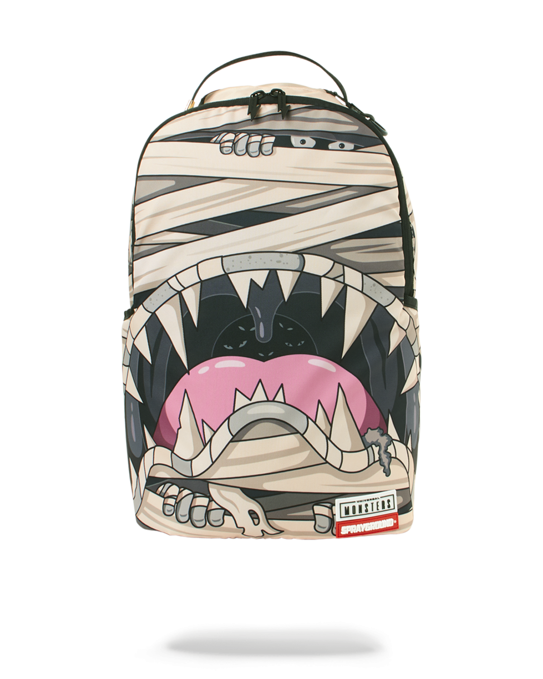 Front view of the Monsters Mummy Shark backpack featuring ergonomic design and adjustable straps.