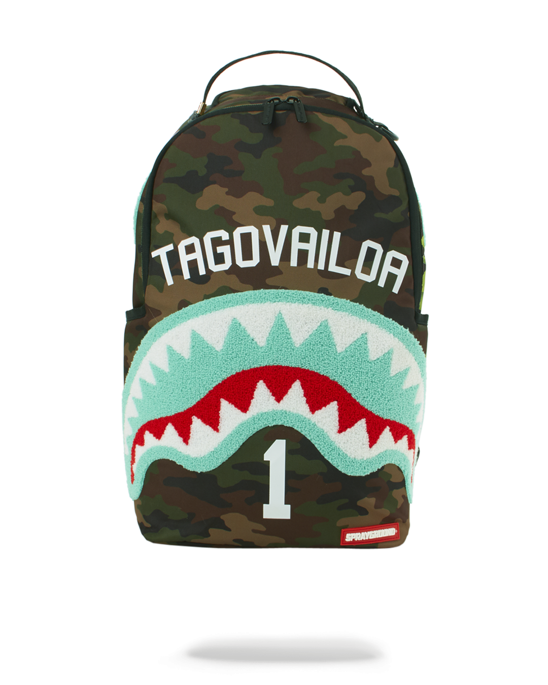 Close-up of the Miami 305 retro design on Sprayground backpack’s front pocket