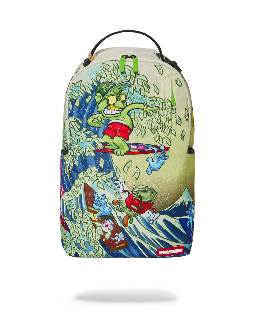 Front view of travel backpack showing durable recycled fabric and zip compartments.