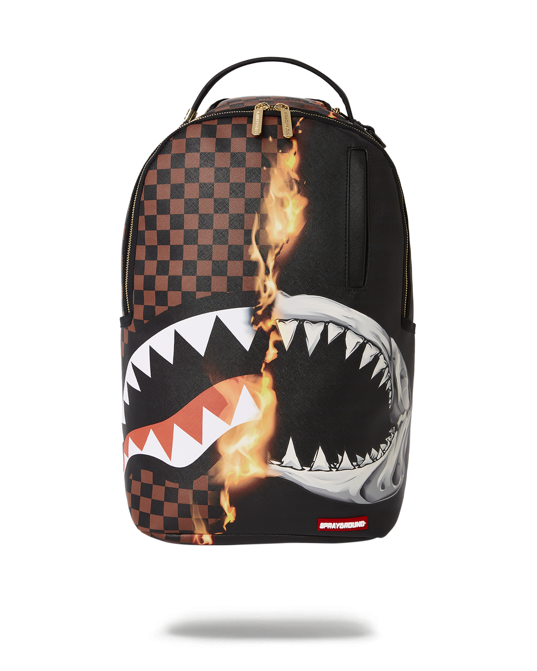 Front view of the Unstoppable Sharks in Paris designer backpack with gold zippers.