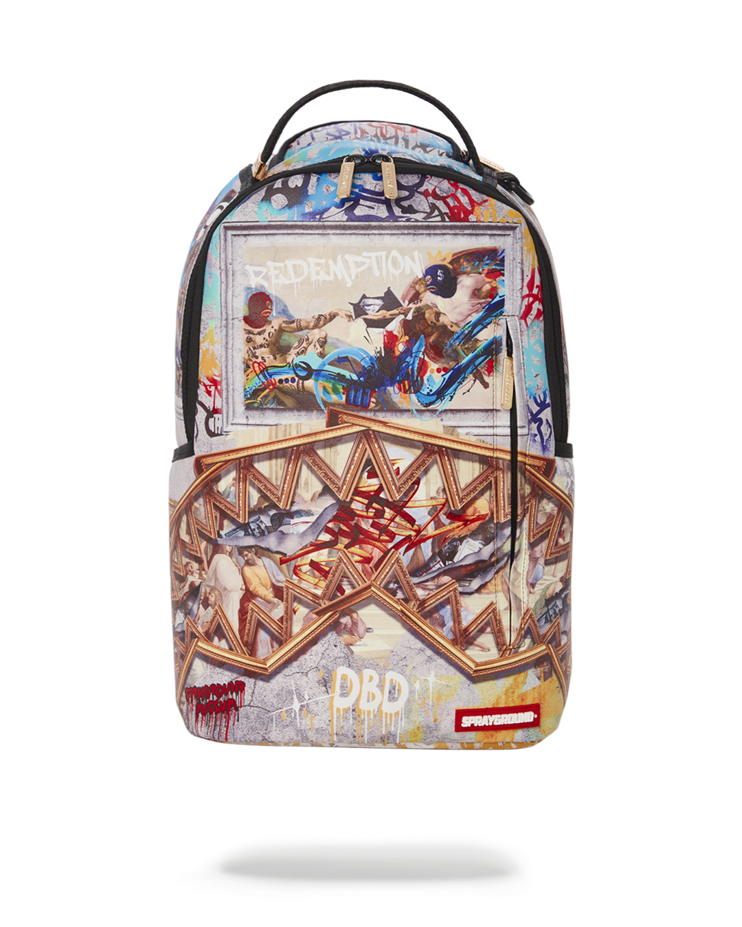 Sprayground vegan leather backpack DLXV front view, highlighting its sleek design and front zipper pocket.
