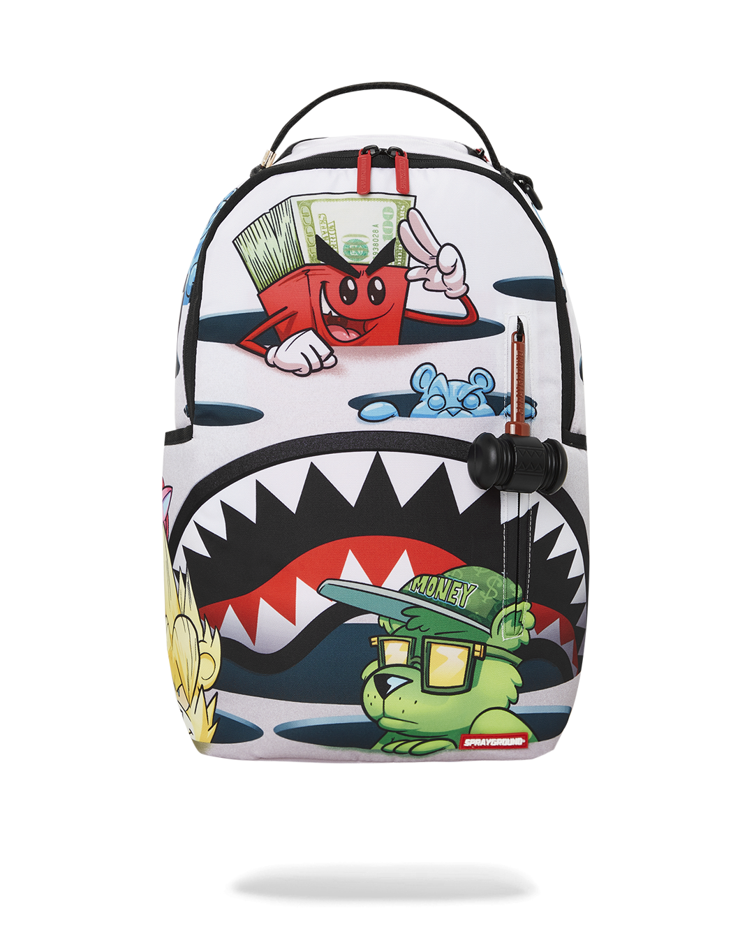 Front view of the stylish Sprayground backpack with gold zippers and metal badge
