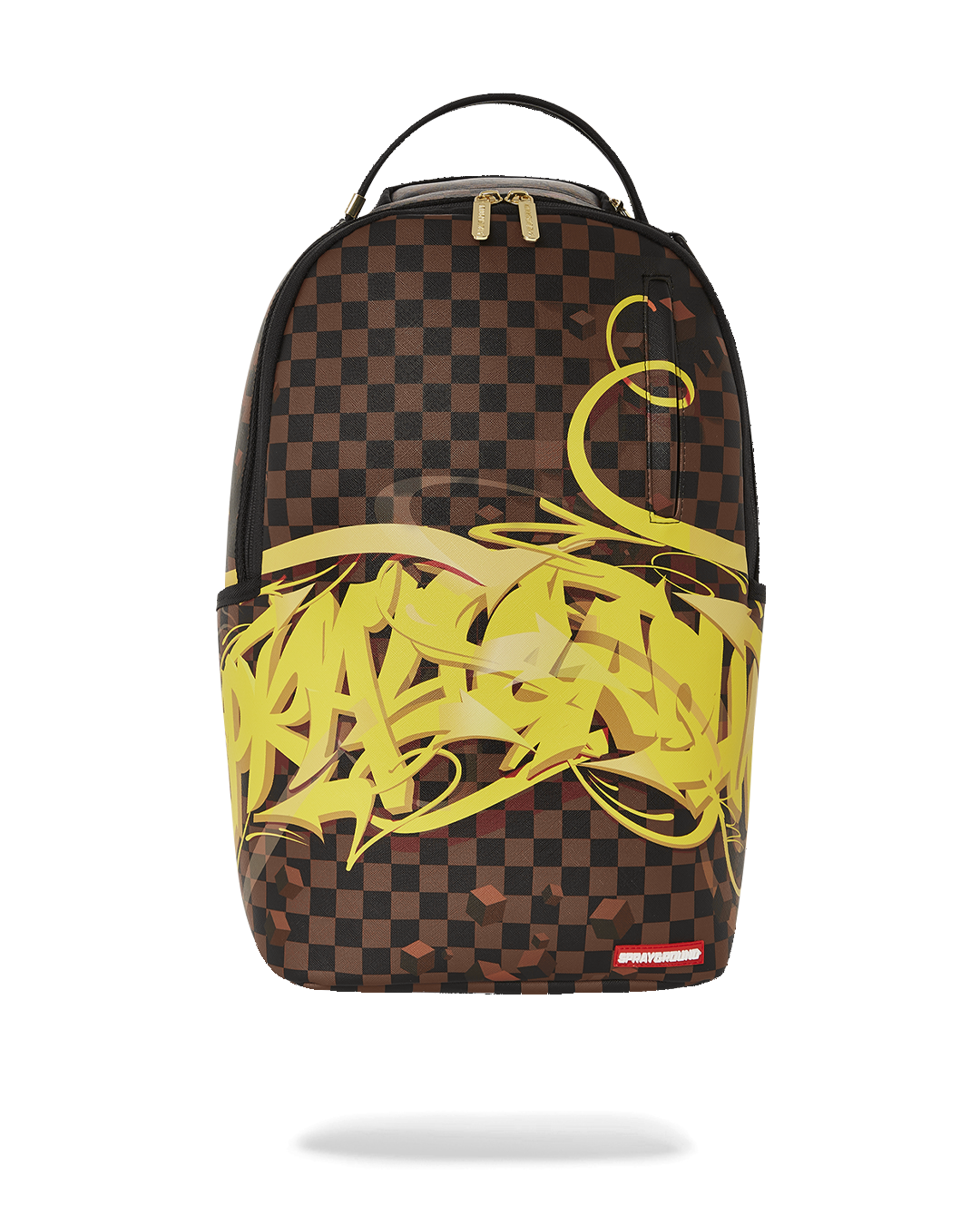 Urban Shadow 3D graffiti backpack front view with gold zippers and side pockets.