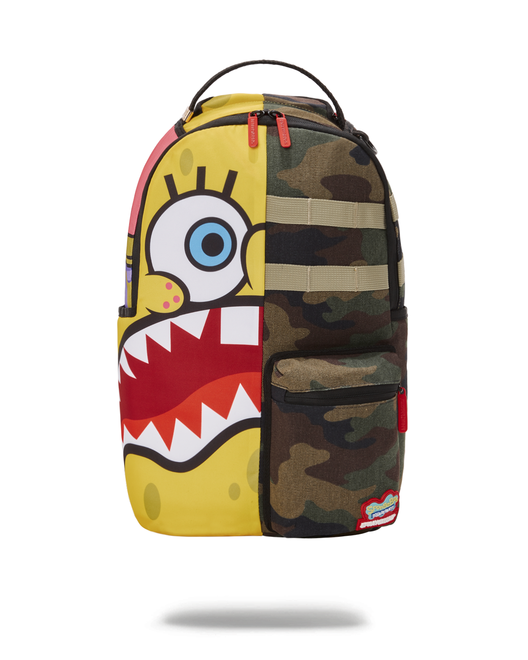 Front view of pink Spongebob Sprayground backpack showing zippered pockets and graphics