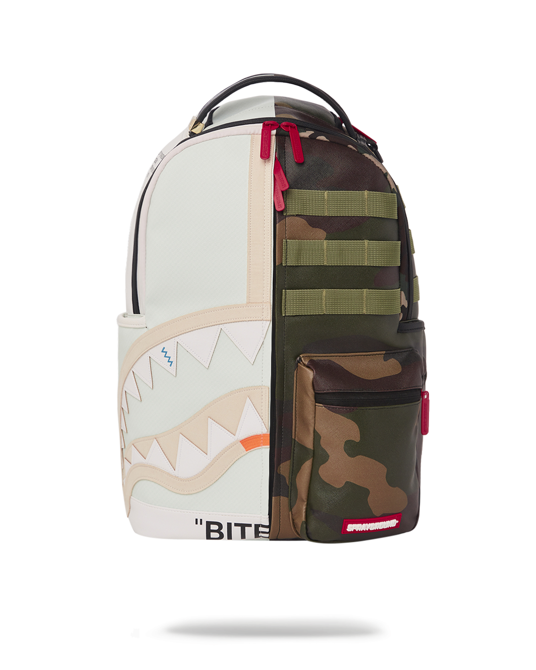 Front view of Sprayground pink vegan leather backpack with zipper pockets.
