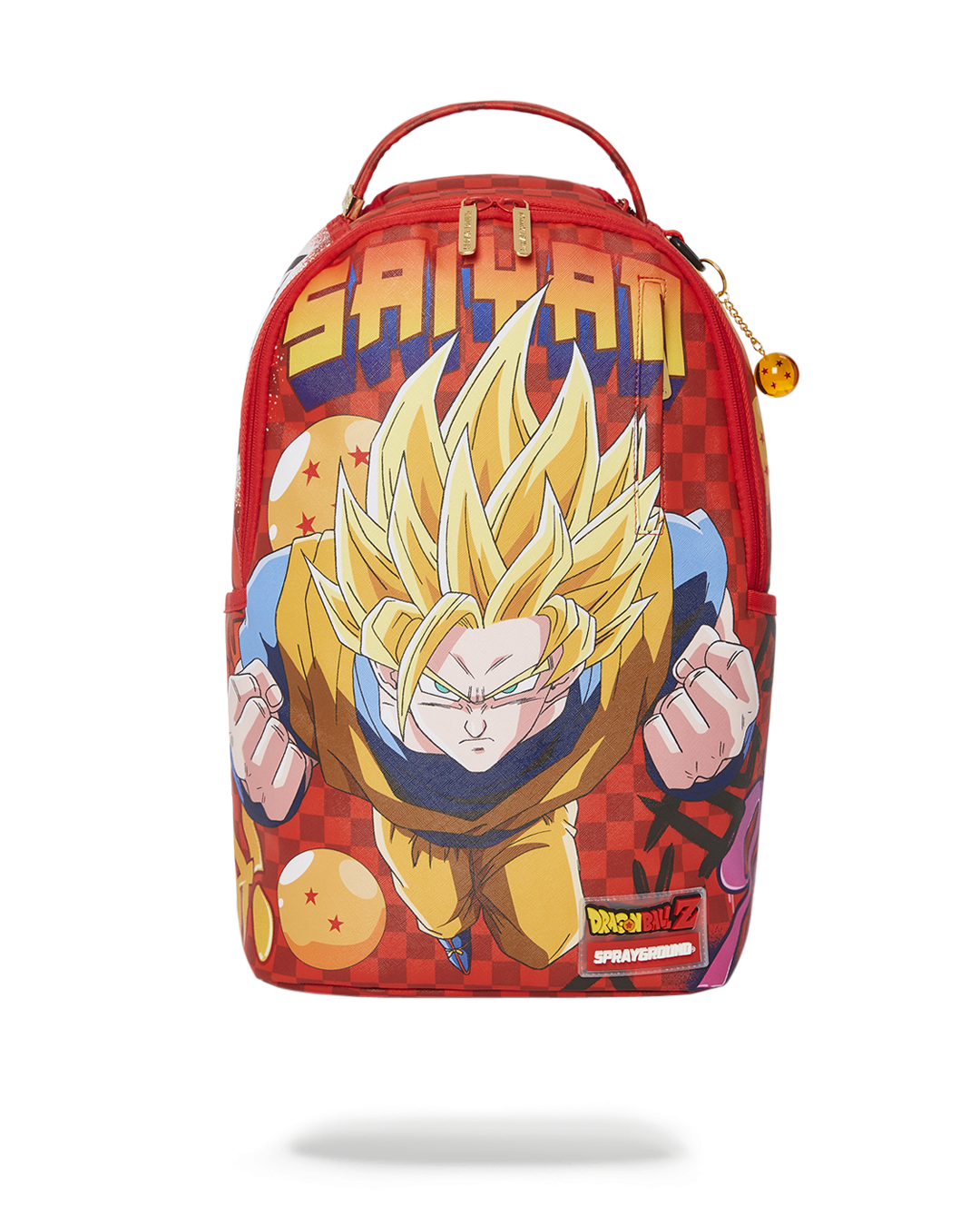 Front view of animal print backpack featuring Dragon Ball Z design