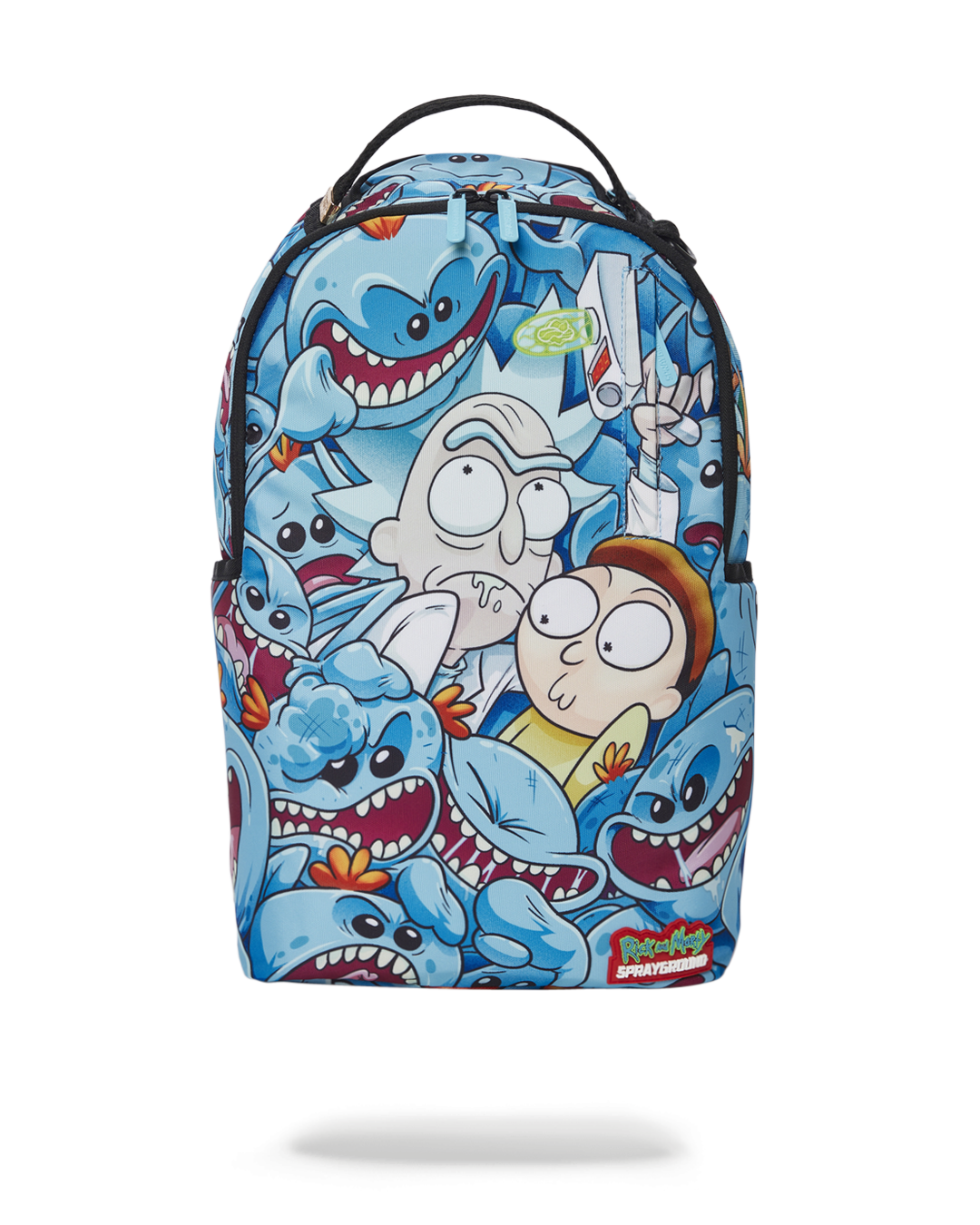 Front view of Rick and Morty Meeseeks backpack showcasing vibrant design.