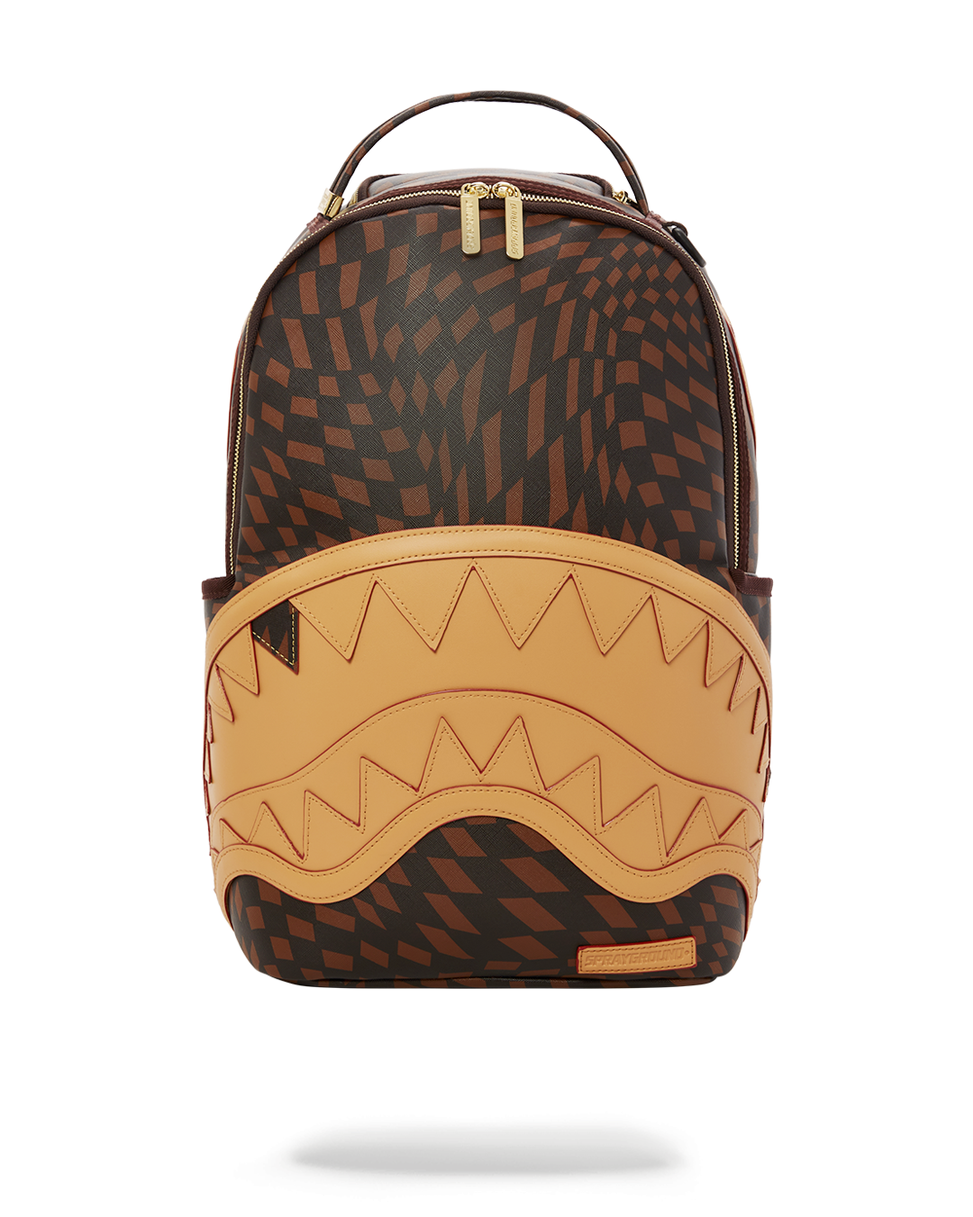 Front view of designer vegan backpack with gold zippers and branding detail.