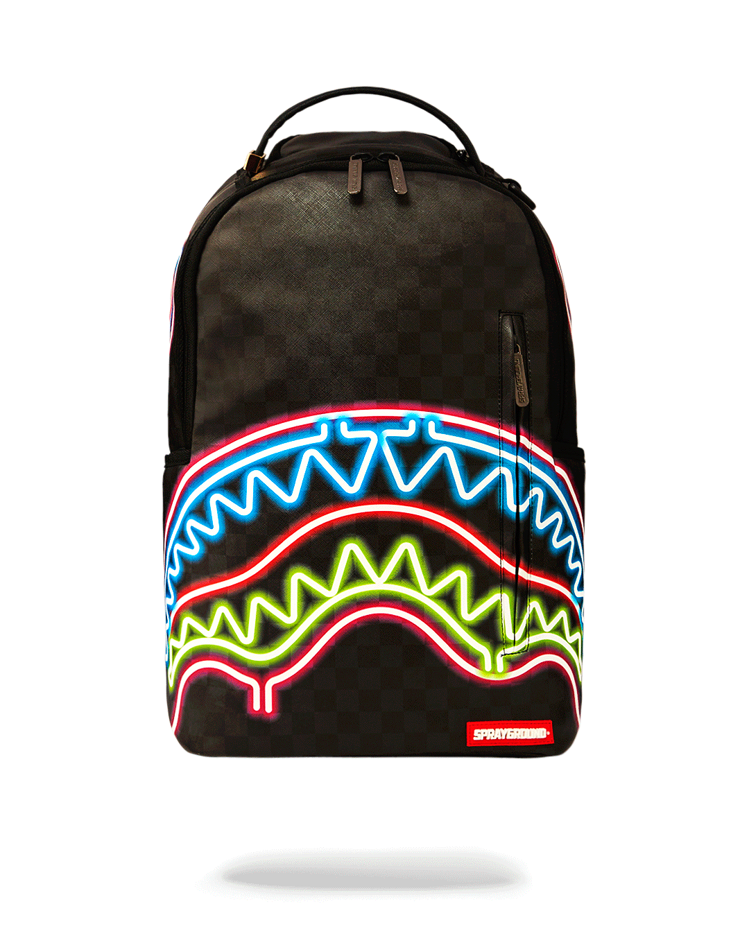 Sharks in Paris backpack opened to show interior compartments and laptop sleeve