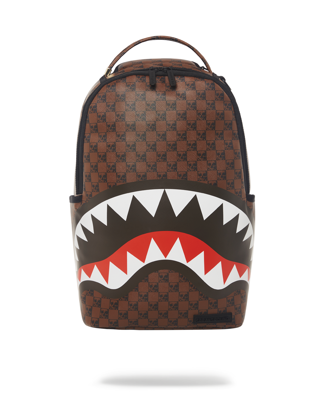 Close-up of sharks and skulls vegan leather backpack detailing and gold zippers