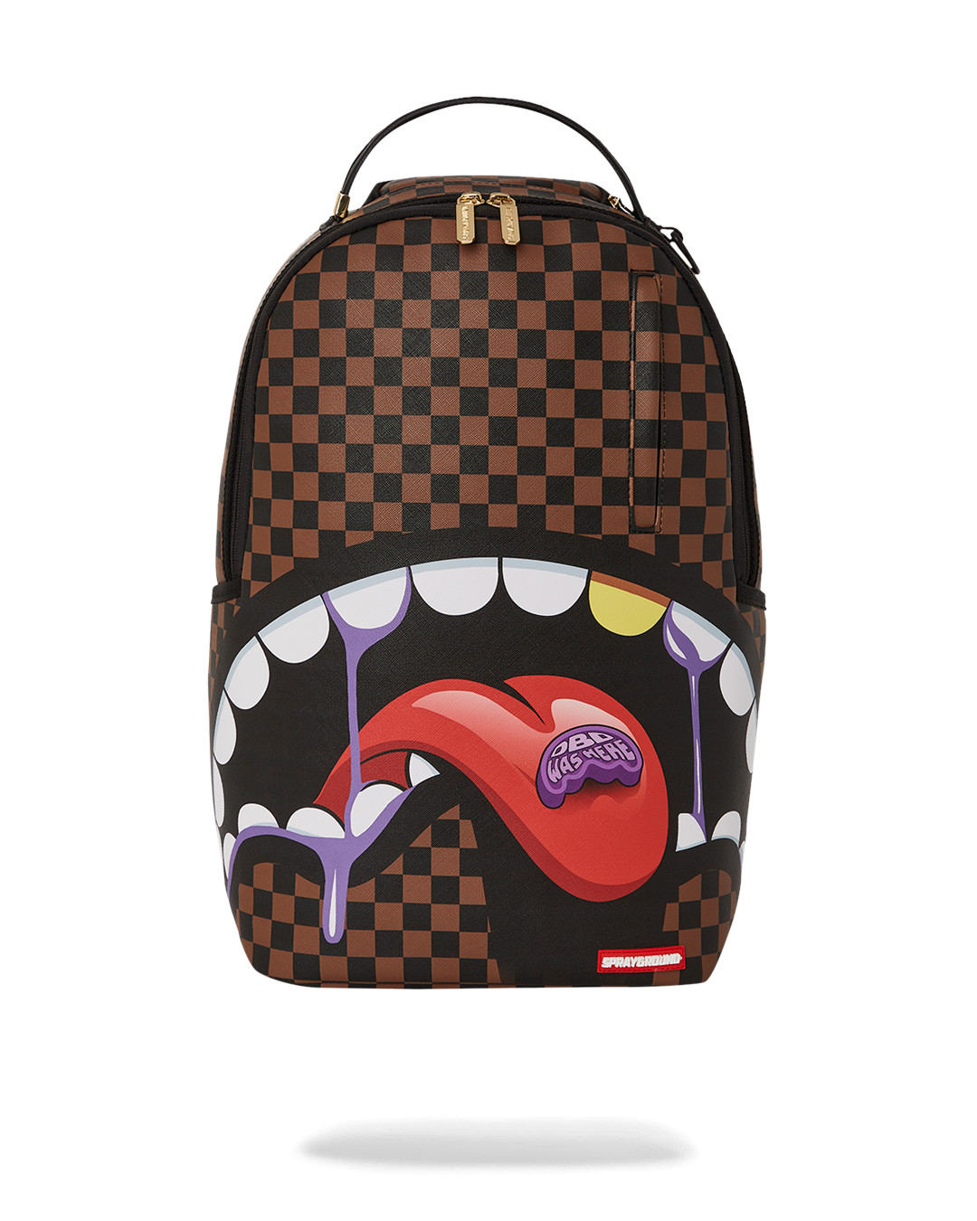 Front view of faux leather travel backpack with gold zippers and badge