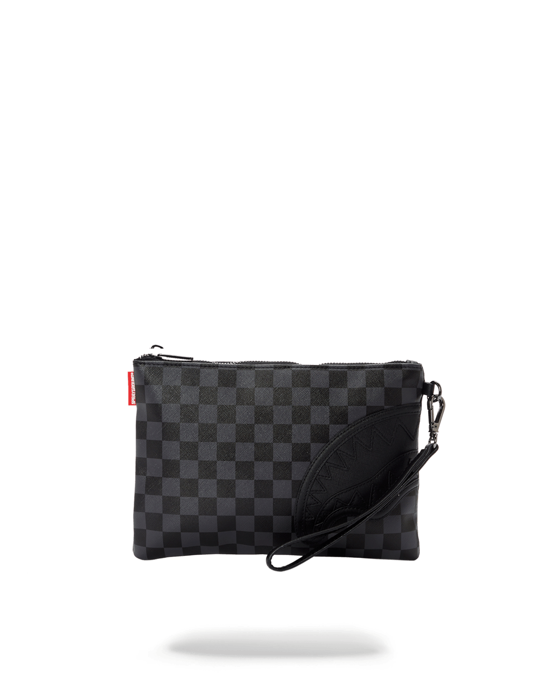 Close-up of the clutch bag's gold hardware and zip closure