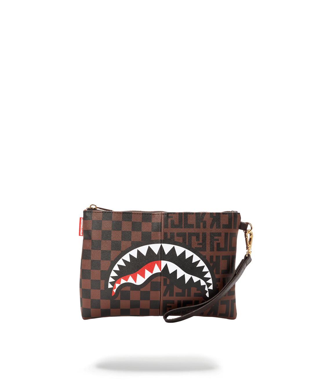 Close-up of the convertible clutch bag with handle and wristlet strap detail
