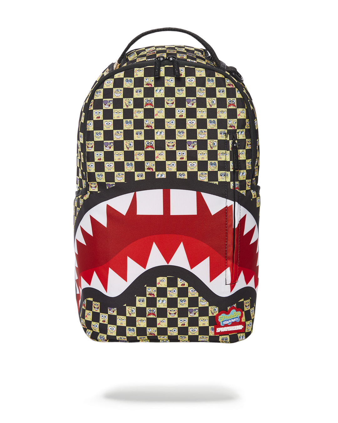 Side view of Sprayground SpongeBob backpack showing checkered pattern and zippered pockets
