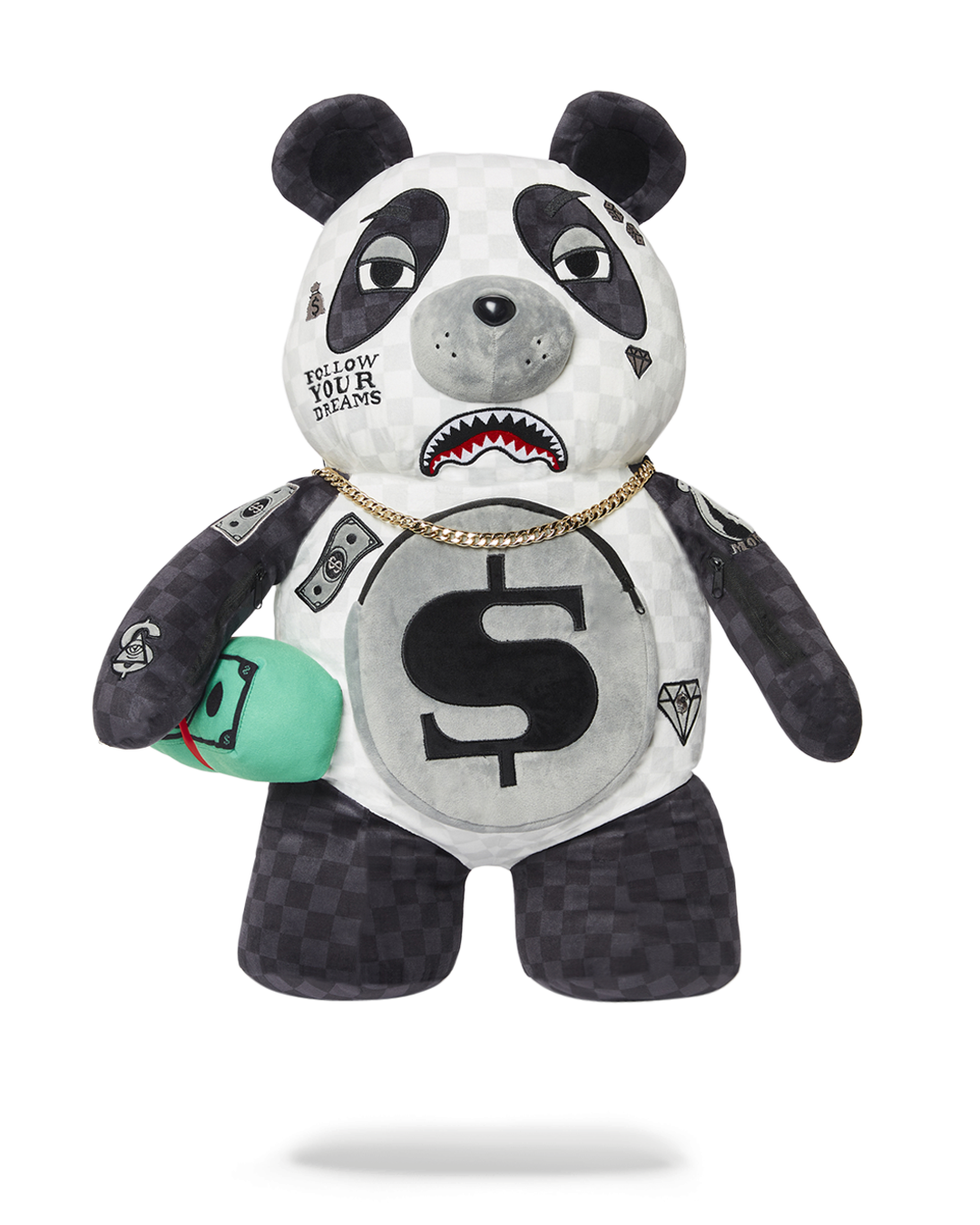 Front view of the Teddy Bear Backpack with panda design and gold necklace detail