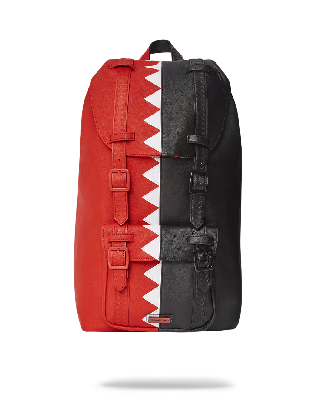 Front view of vegan leather backpack standing upright with flap closed