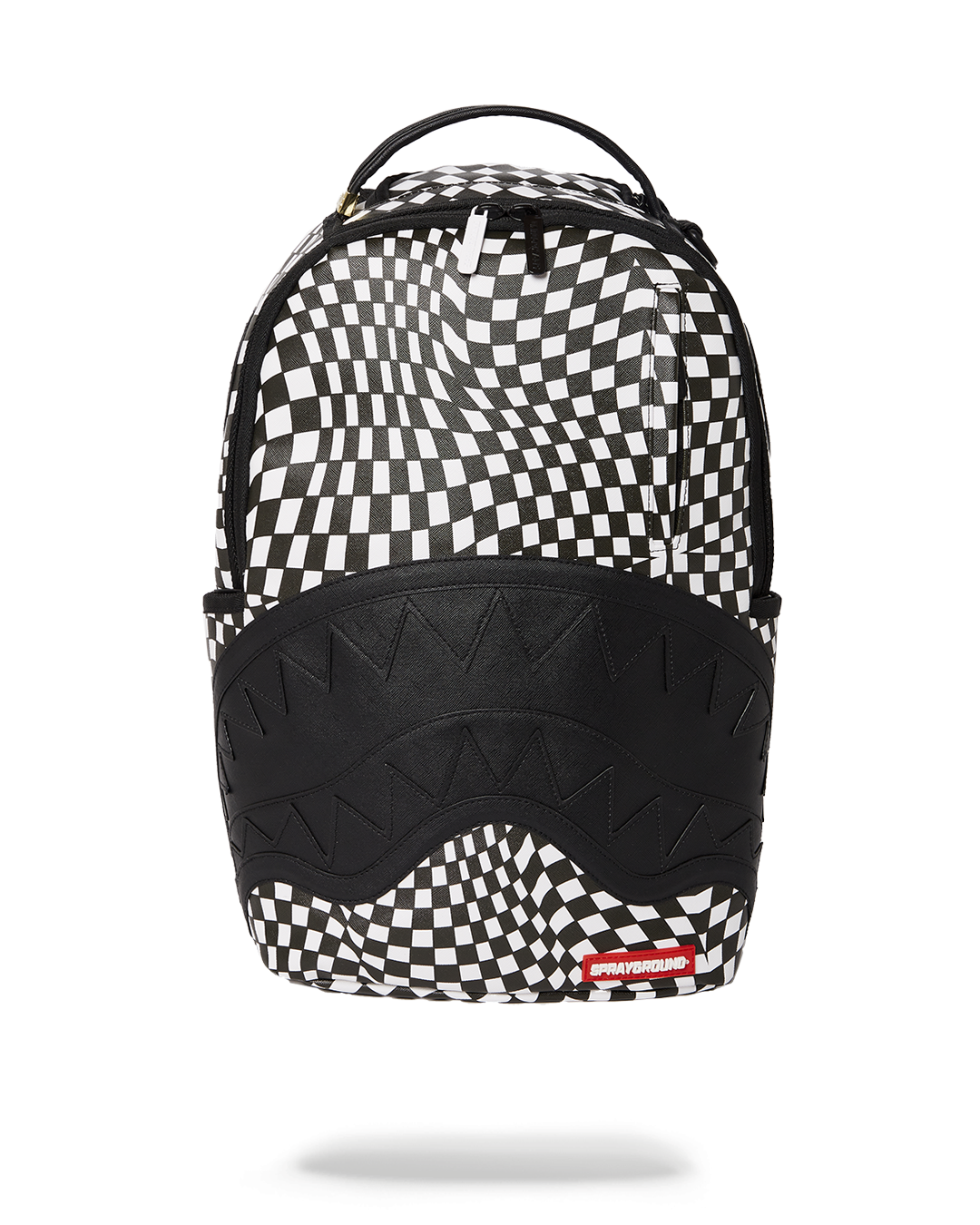 Front view of designer backpack with ergonomic straps and bold gold zippers