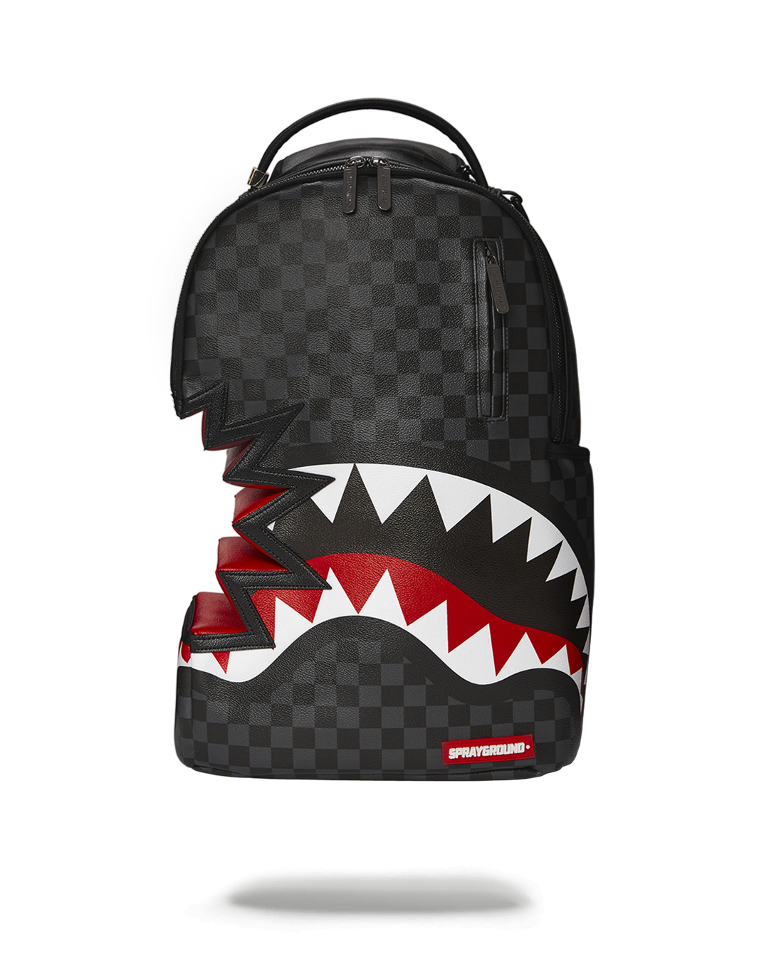 Front view of the Shark Bite Paris Gray vegan leather backpack with gold zippers and ergonomic straps