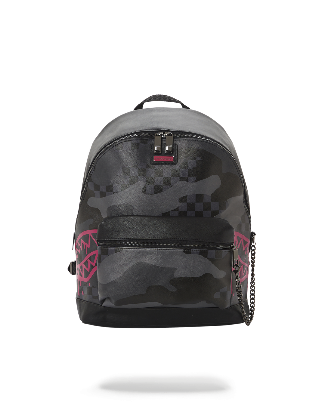 Vegan leather backpack with front zipper pocket and side pockets, perfect for travel.