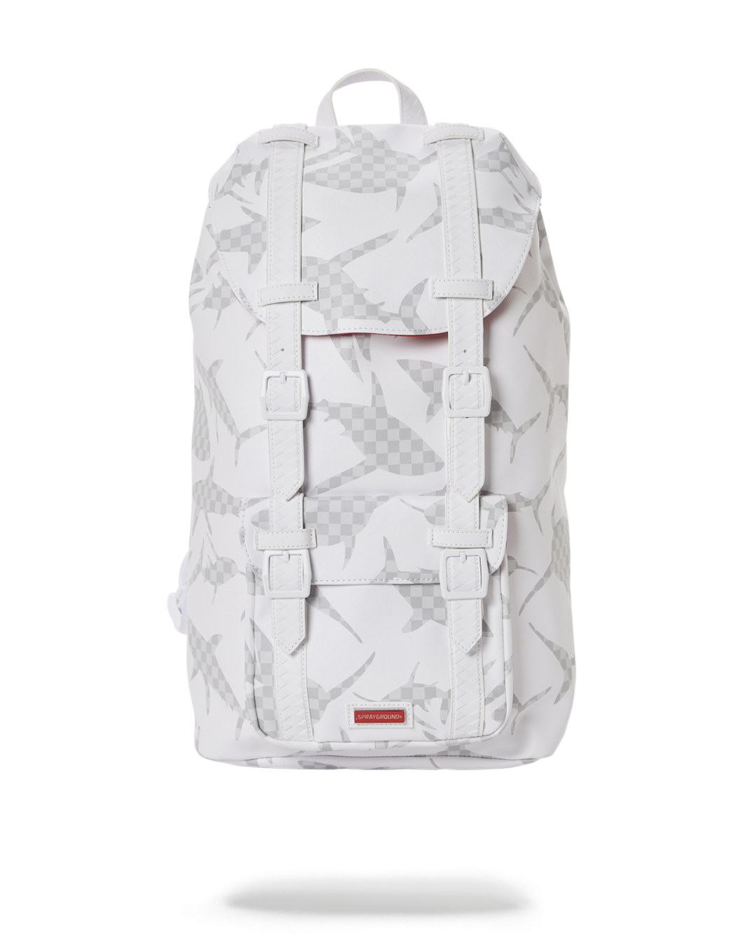 Shark Check travel backpack showcasing vegan leather design