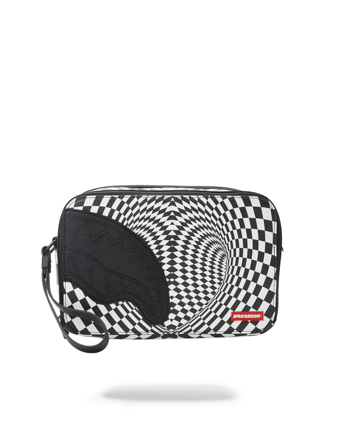 Front view of toiletry bag showing zippered compartments and trippy check design