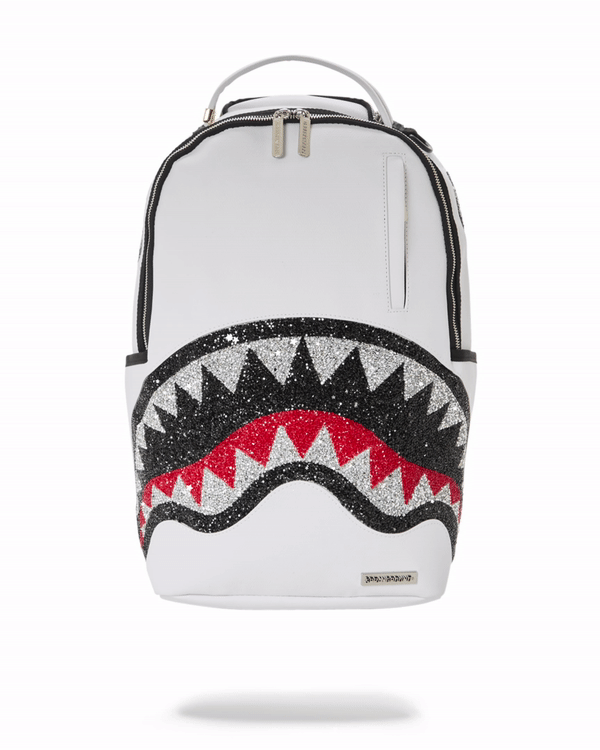 Front view of white vegan leather backpack with side pockets and sleek zippers