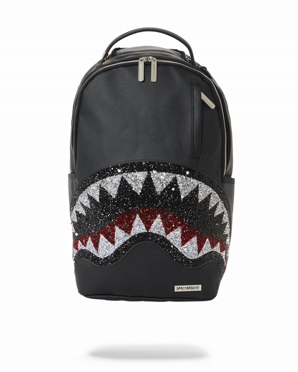 Front angle of black luxury backpack with crystal embellishments and gold zippers