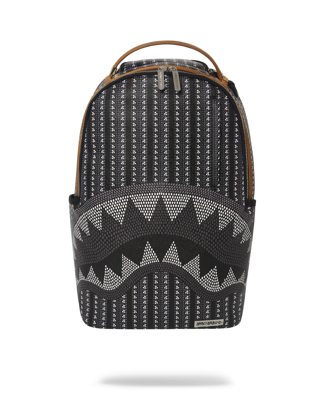 Front view of the Sprayground limited edition faux leather backpack with designer accents