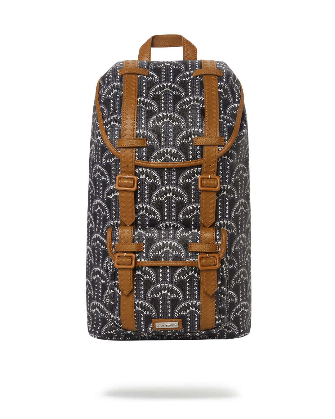 Front view of the vegan leather travel backpack with magnetic snap closures