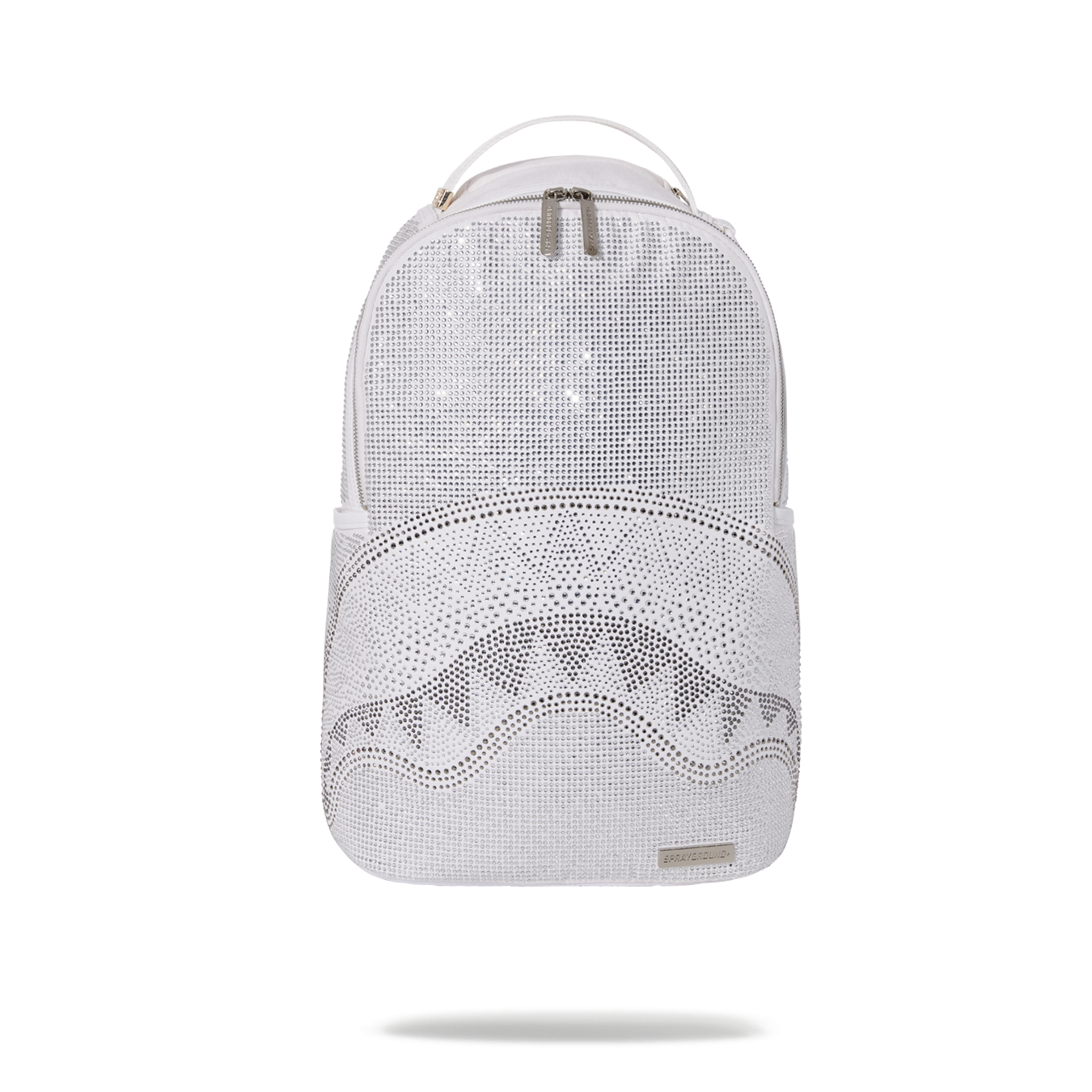 Front view of Trinity crystal faux leather backpack showcasing its elegant design.