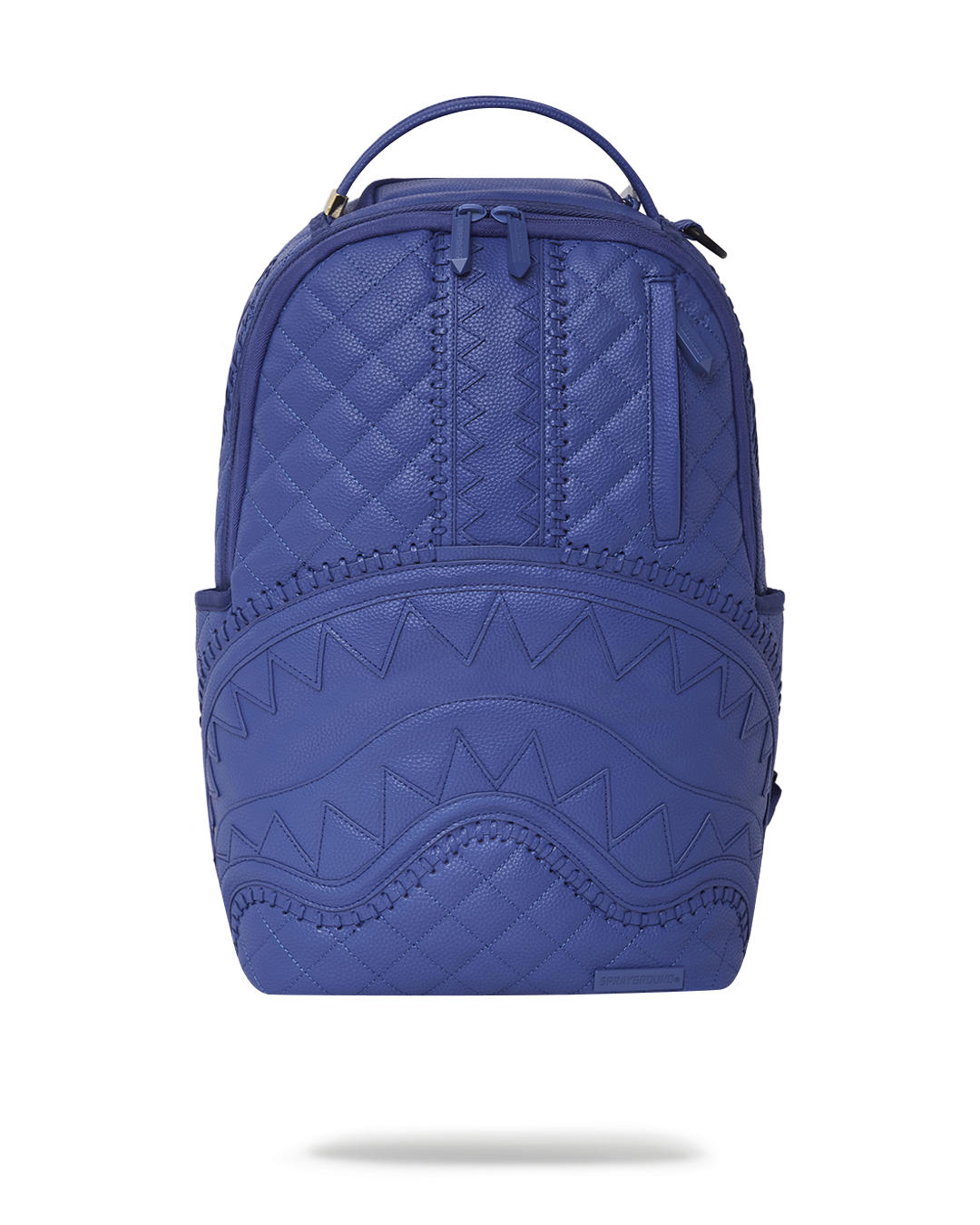 Front view of the Riviera vegan leather backpack with gold zippers.