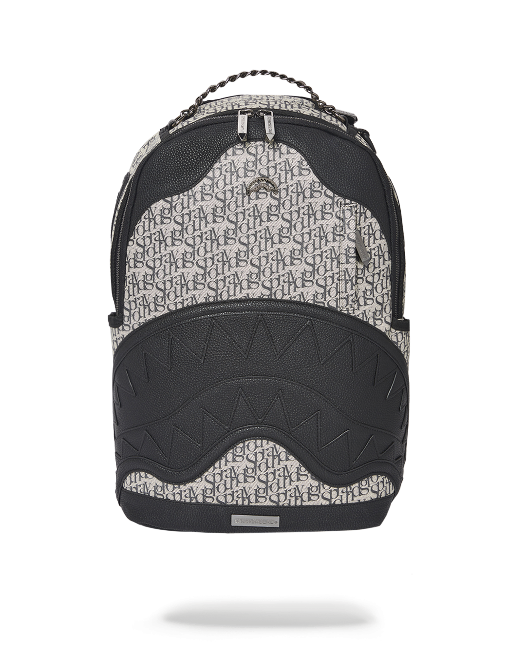 Sprayground vegan leather backpack with front zipper pocket and side pockets, perfect for travel.