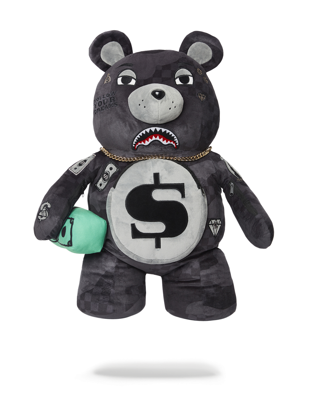 Teddy Bear Backpack with gold necklace and money stack design