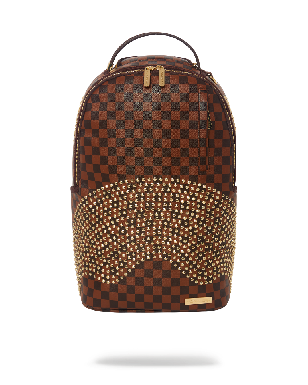 Sprayground backpack pink vegan leather edition with gold rivets, front view
