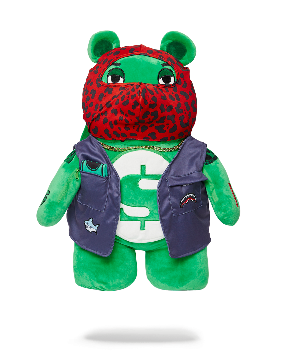 Front view of Sprayground teddy bear backpack showing gold necklace and plush fabric