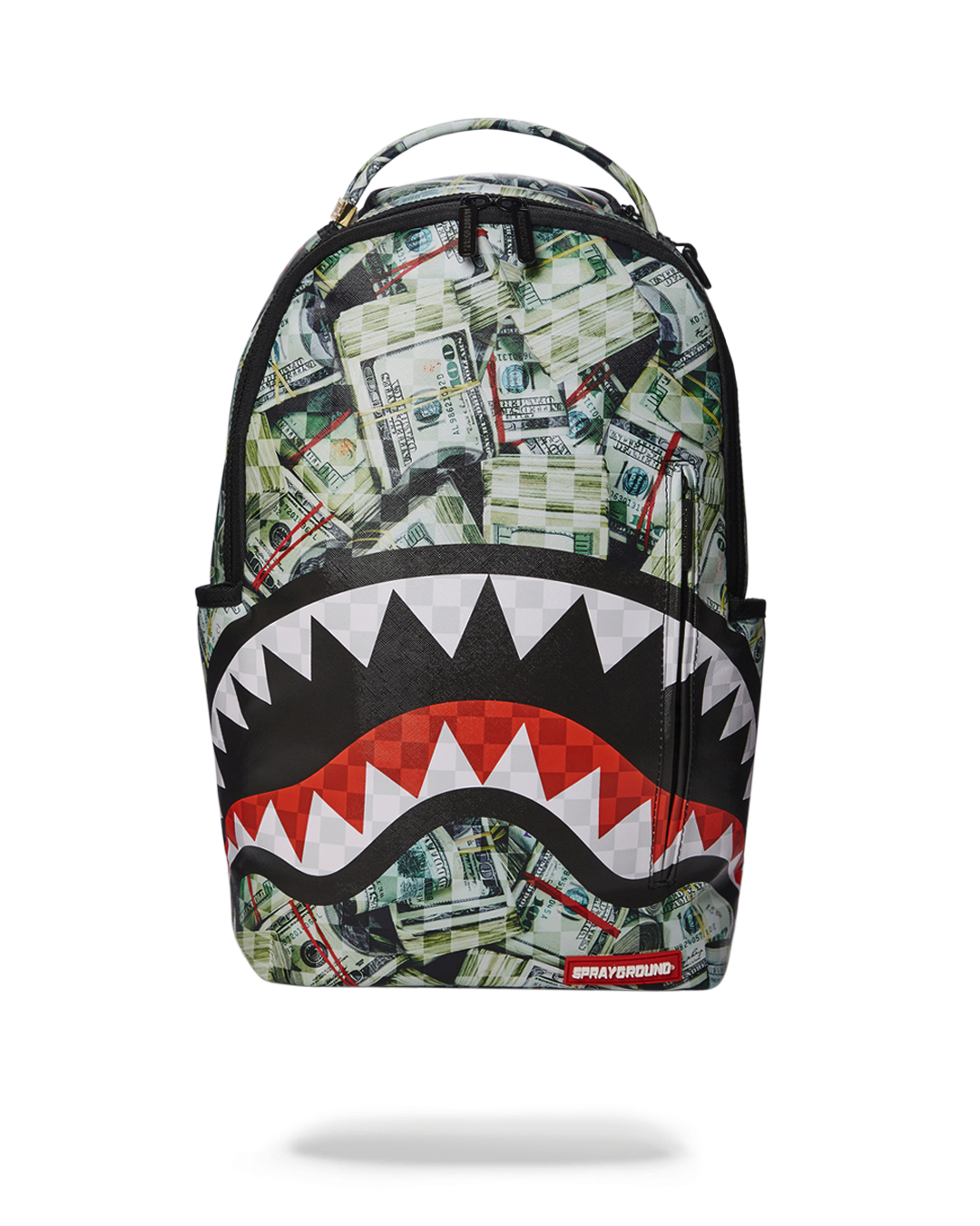 Vegan leather backpack showcasing front zipper pocket and side pockets